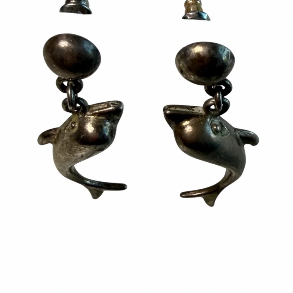 Vintage 925 Sterling Silver Dolphin Dangle Earrings Nautical Ocean beach - Picture 10 of 11